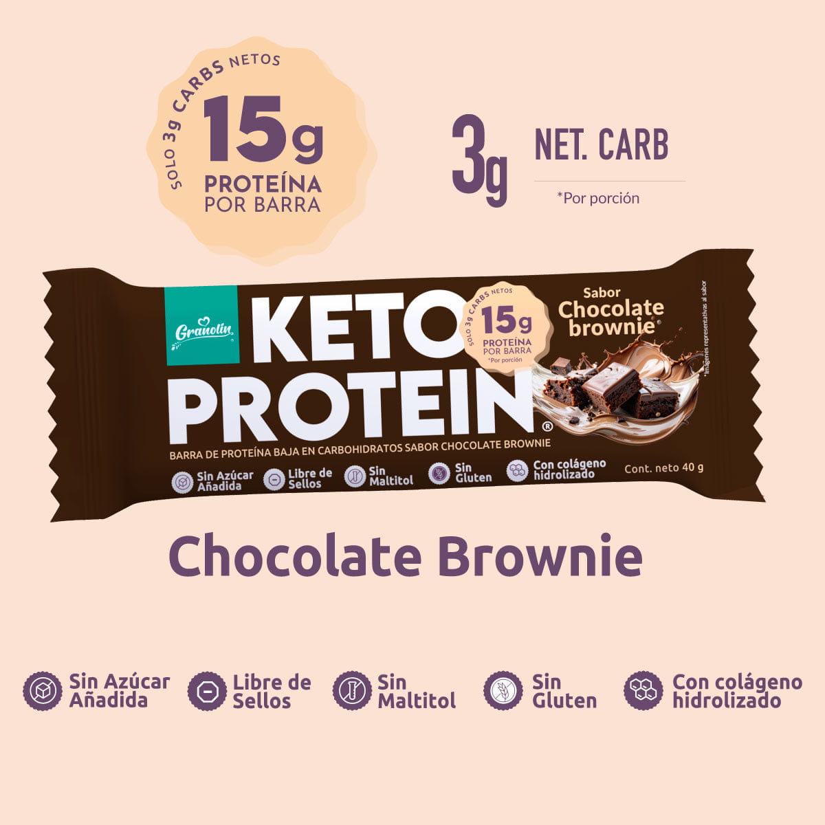 Pack Keto Protein Colágeno 4 un | 16 Barritas Sabor Chocolate Brownie