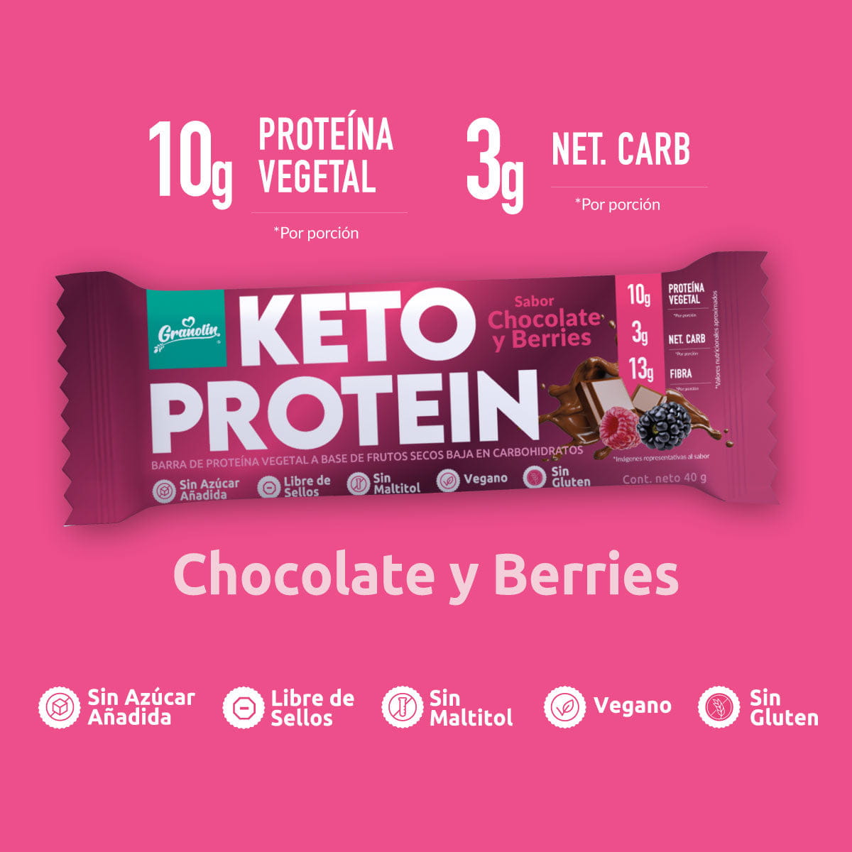 Pack Keto Protein 4 un | 16 Barritas Sabor Chocolate Berries