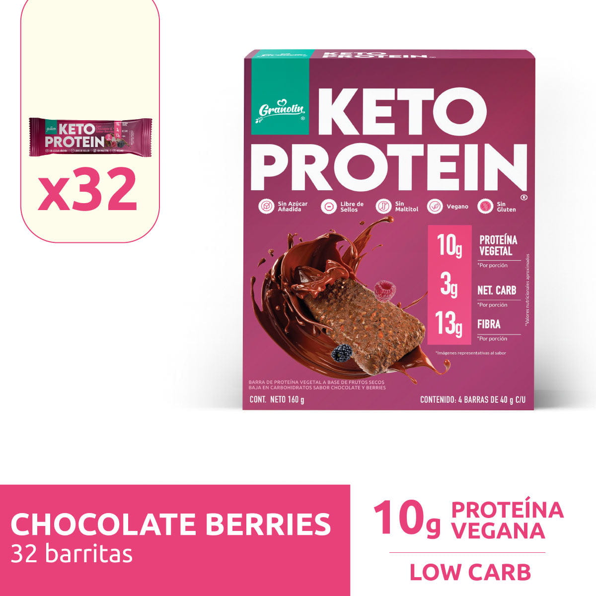 Pack Keto Protein 8 un | 32 Barritas Sabor Chocolate Berries