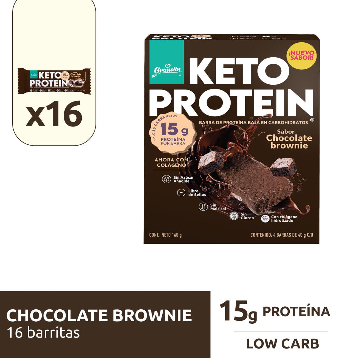 Pack Keto Protein Colágeno 4 un | 16 Barritas Sabor Chocolate Brownie