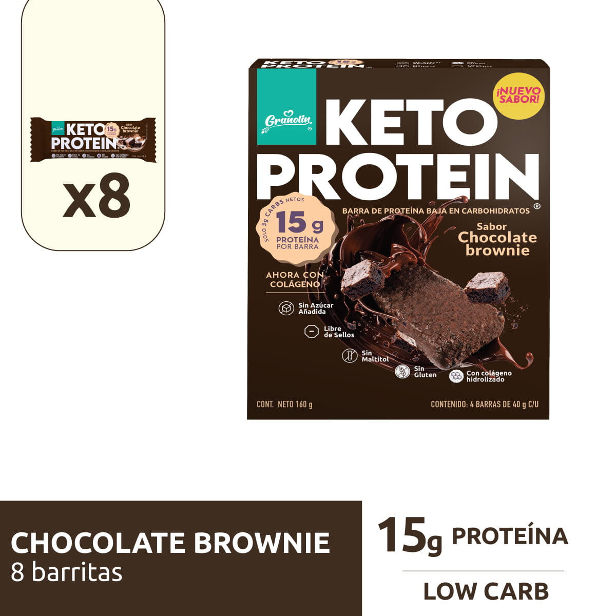 Pack Keto Protein Colágeno 2 un | 8 Barritas Sabor Chocolate Brownie