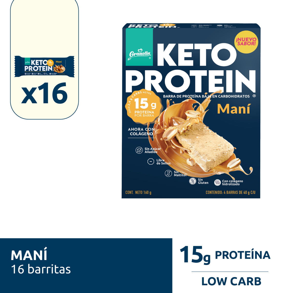 Pack Keto Protein Colágeno 4 un | 16 Barritas Sabor Maní